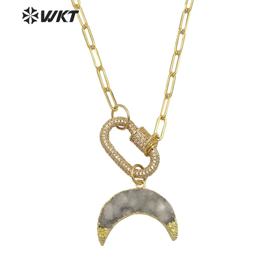 WT-N1302 WKT New Women Natural Druzy Quartz Gold Crescent Horn Pendant Necklace CZ Clasp Connector Stone Fine Jewelry