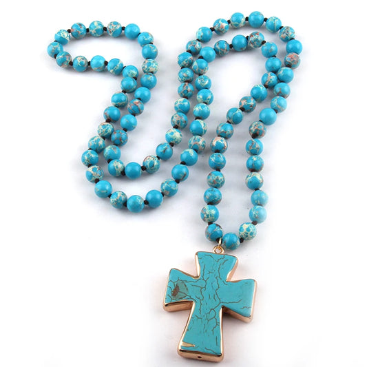 Fashion Natural Semi Precious Blue Empire Stone with cross charm Drop Pendant Handmade Necklace Women Jewelry
