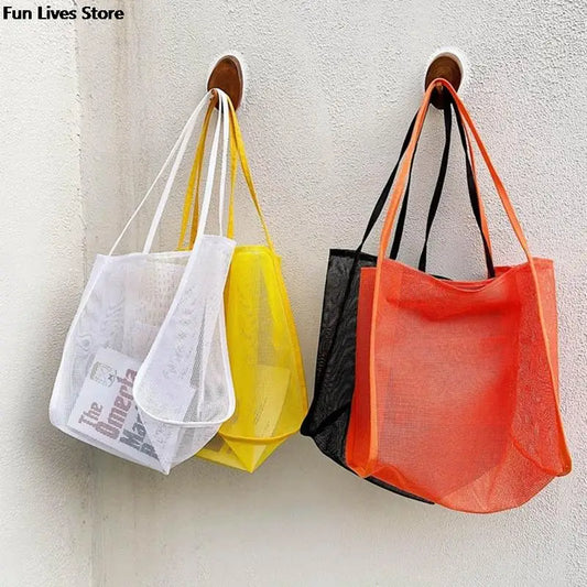 Transparent Mesh Handbag Summer Beach Totes Bags Fashion Lightweight Shopping Bag Holiday Outdoor Storage Shoulder Purse Pouch