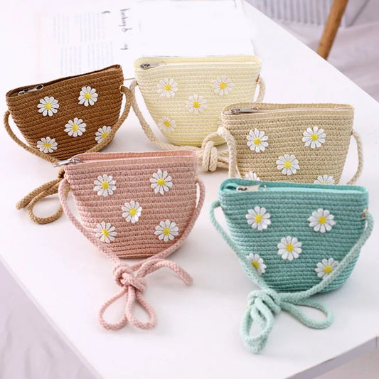 New 2022 Summer Children Girls Shoulder Bag Daisy Flower Straw Bag Messenger Bag Kids Keys Coin Purse Cute Princess Mini Handbag
