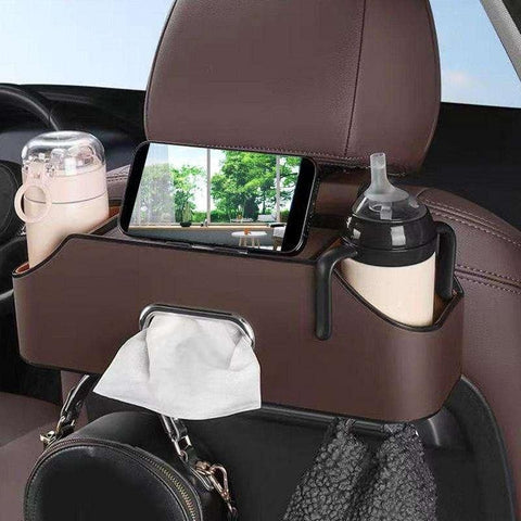 Universal PU Leather Car Seat Back Organizer With Cup Holder & Hooks