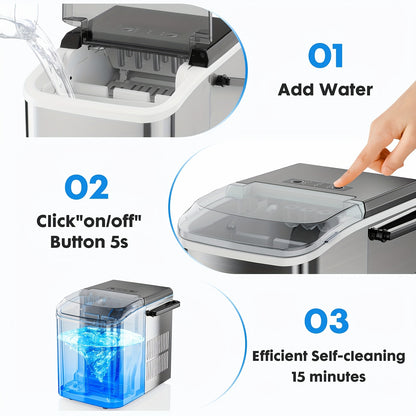 Portable Ice Maker With Ice Scoop, 9 Ice Cubes In 6 Minutes, 26.5lbs/24Hrs, Self-Cleaning With 2 Sizes Of Bullet Ice For Kitchen Countertop, Office