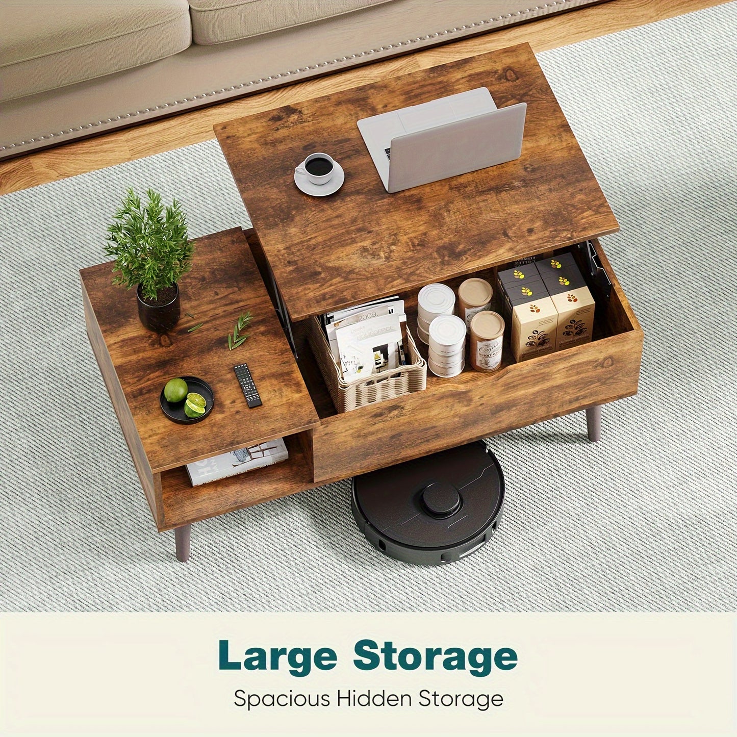 Vintage Lift-Top Coffee Table with Hidden Storage and Adjustable Shelf - Durable Wood, Ideal for Living Room