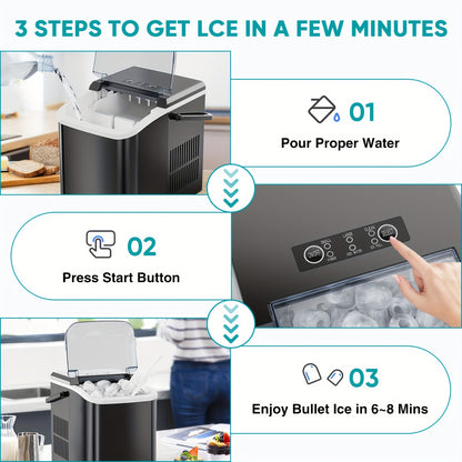 Portable Ice Maker With Ice Scoop, 9 Ice Cubes In 6 Minutes, 26.5lbs/24Hrs, Self-Cleaning With 2 Sizes Of Bullet Ice For Kitchen Countertop, Office