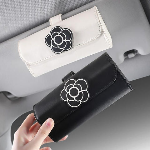 Universal Camellia Flower Leather Sunglasses Holder For Car Visors