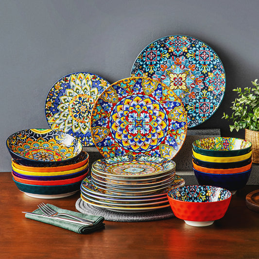 VANCASSO SIMI Dinnerware Ceramic 6/24 Piece Stoneware Bohemian style Dinnerware Set With Dinner/Dessert Plate Cereal/Pasta Bowl