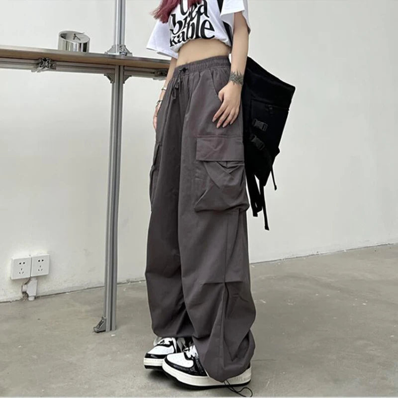 2023 Women Casual Joggers Tech Pants Solid Low Waist Pants Drawstring Wide Leg Baggy Trousers Y2k Streetwear Oversize Sweatpants