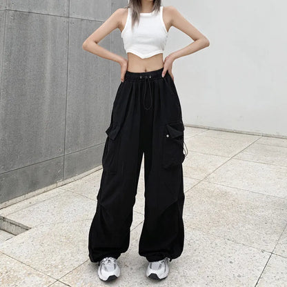 2023 Women Casual Joggers Tech Pants Solid Low Waist Pants Drawstring Wide Leg Baggy Trousers Y2k Streetwear Oversize Sweatpants