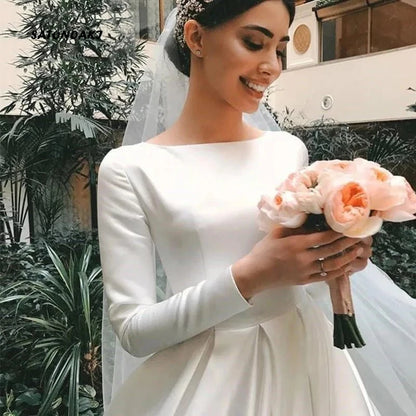 Vestidos De Novia Simple Vintage White Ivory Satin Wedding Dress for Women Long Sleeves Princesa Bridal Gown Robe Mariée Custom