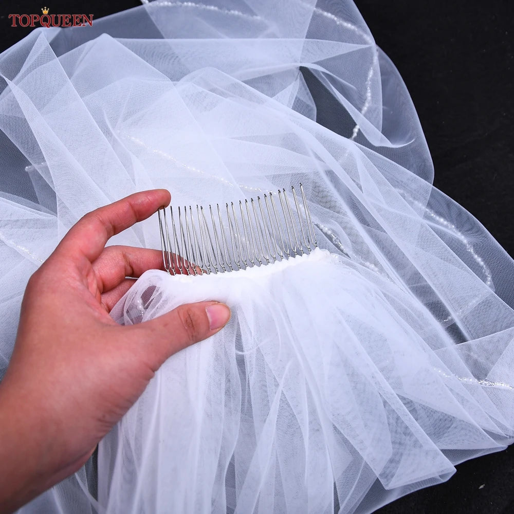 TOPQUEEN V107 Long Bridal Veils Crystal Beaded Wedding Veil with Crystal Edge 1 Tier Super Soft Bride to Be Veil Short