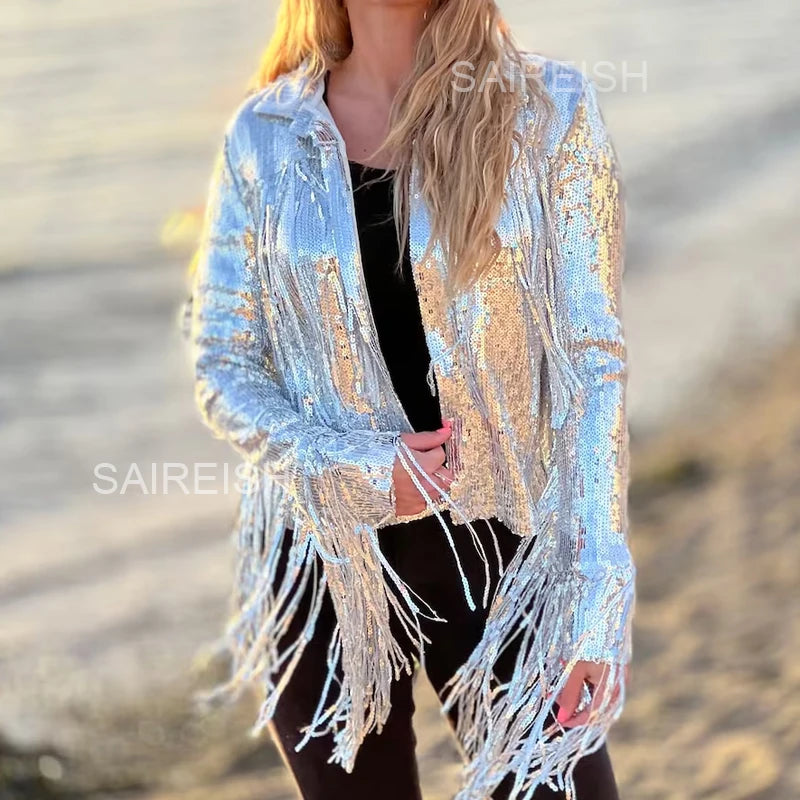 Harajuku Unisex Sequin Fringed Dance Performance Bomber Jacket Beaded Cardigan Coat Autumn Silver Gold Shiny Tassels Outtwear