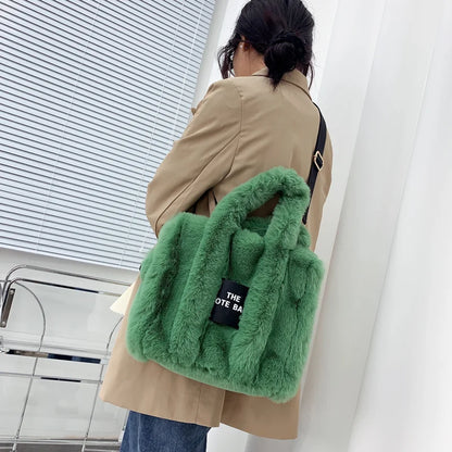 2022 Designer Faux Fur Tote Bag for Women Luxury Handbags Autumn Winter Plush Shoulder Crossbody Bags Brand Shopper Purses New
