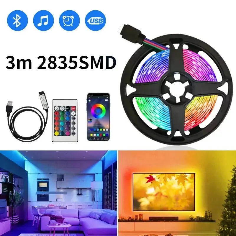 Bande lumineuse RGB LED USB, SMD 2835, 5V, flexible, 3m, ruban de lumière intelligent, Bluetooth, pour rétroéclairage d'ordinateur et TV