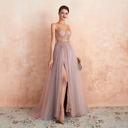 Sexy Spaghetti Straps Evening Dresses New Arrival V-Neck Rhinestones Beading Formal Prom Gowns with Slit robe de soiree