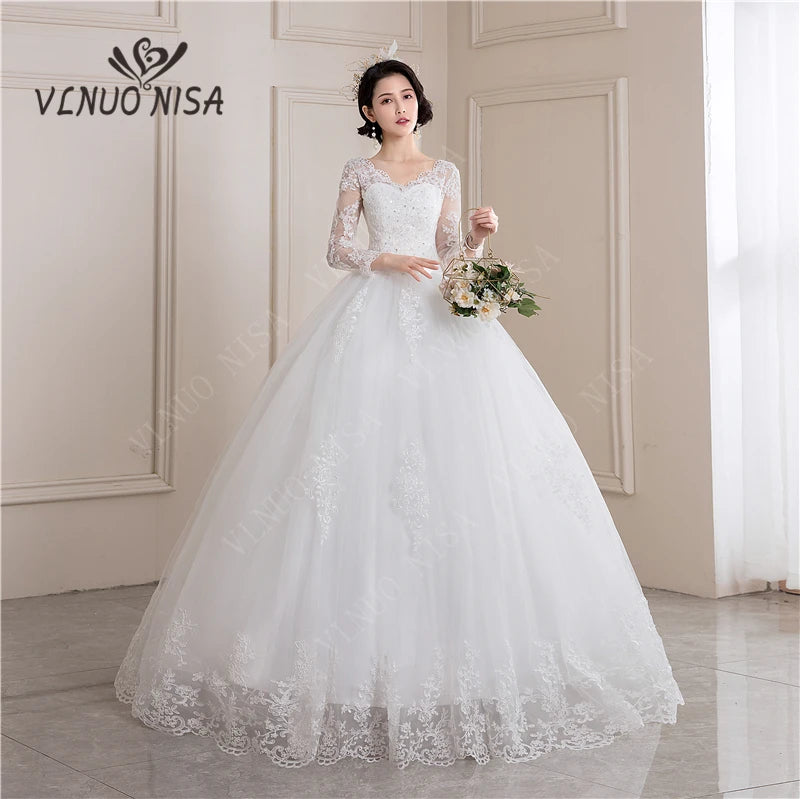 Long Sleeve Wedding Dresses 2023 V-neck Muslin Lace Wedding Gowns off white Vestido de noiva Plus size Bridal princess dress