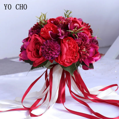 YO CHO Bridal Flower Bouquet Wedding Supplies Artificial Silk Rose Peony Flower Wedding Bouquet Dahlia Orchid Quality Bouquets