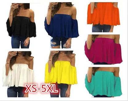 2022 Summer T-shirt Women Fashion Sexy Chiffon Off Shoulder Shirts Strapless Short Sleeve Beach Tops Tee Feminine 5XL