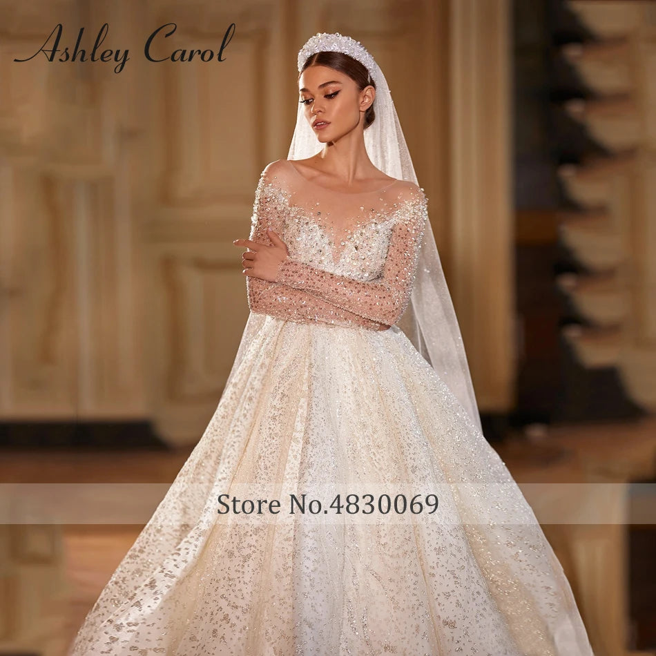 Ashley Carol Luxury Wedding Dresses For Women 2024 Bride Long Sleeve Princess Sparkling Beaded Bridal Dress Vestidos De Novia