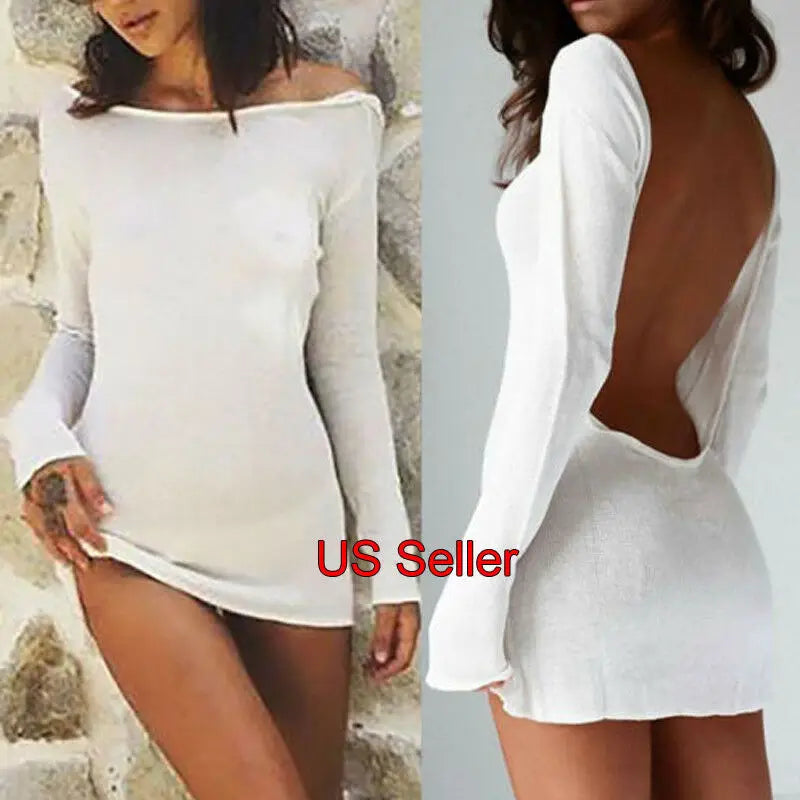 Sexy Backless White Evening Party Dress Women Elegant Long Sleeve Solid Color Loose Club Holiday Casual Mini Dress