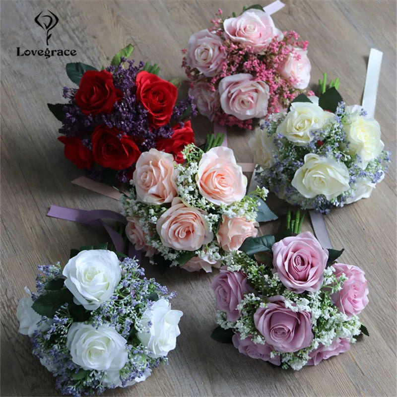 Lovegrace Bride Rose Bouquet Wedding Supplies Bridesmaid Rose Baby's Breath Bouquet Flower Arrangement DIY Home Party Prom Decor