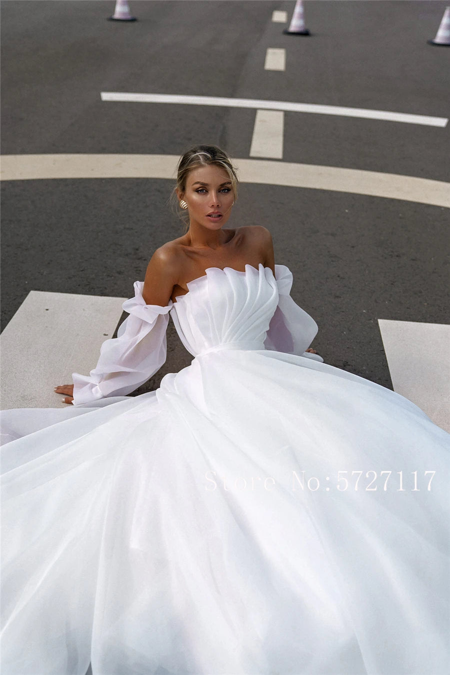 Strapless Ruched Bodice Ball Gowns 2080 Organza Wedding Dress with Detachable Long Sleeves Empire Bridal Gowns