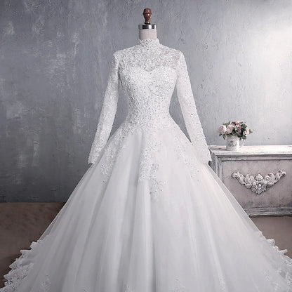 Muslim Wedding Dress 2022 Elegant High Neck With Train Princess Bride Dress Luxury Lace Embroidery Wedding Gown Vestido De Noiva