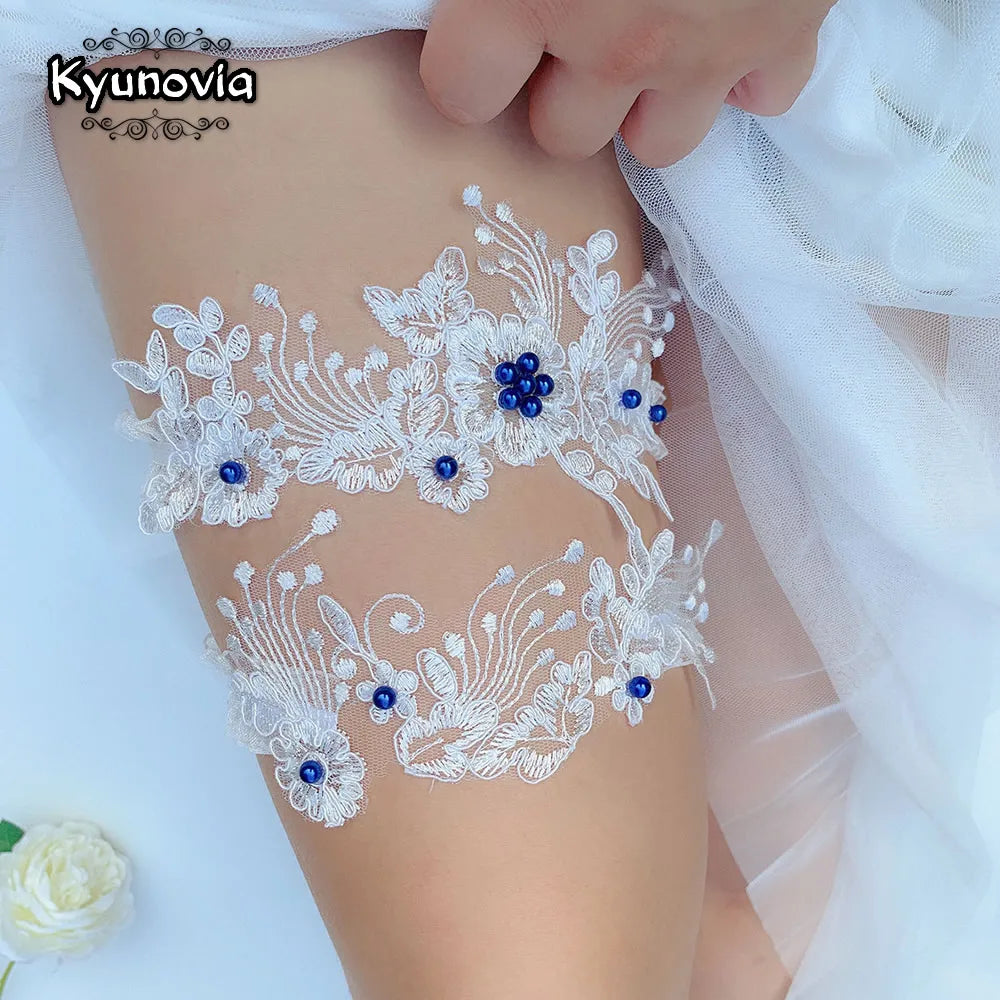 Kyunovia Sexy Lace 2pcs/Set Wedding Garter Lace Embroidery Floral Sexy Garters for Women/Bride Thigh Ring Bridal Leg Garter BY29