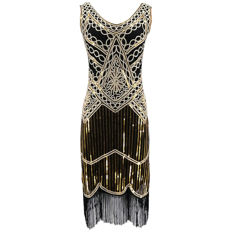 Women Party Dress Robe Charleston 1920s Great Gatsby Flapper Sequin Fringe Midi Dress Vestido Summer Retro Black Dress