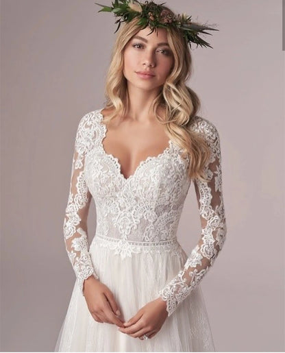 Lsyx Bohemian Long Sleeves Wedding Dress For Women Corset Low Back Floor Length Lace Appliques White Tulle Chiffon Bridal Gown