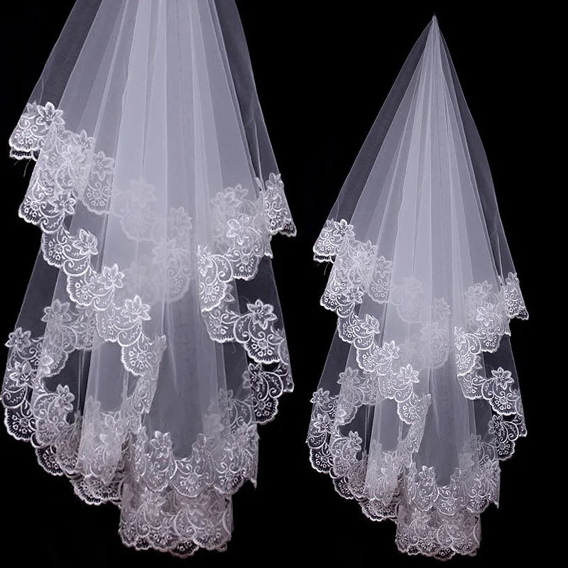 Women Bridal Short Wedding Veil White One Layer Lace Flower Edge Appliques