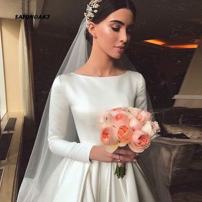 Vestidos De Novia Simple Vintage White Ivory Satin Wedding Dress for Women Long Sleeves Princesa Bridal Gown Robe Mariée Custom