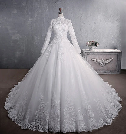 Muslim Wedding Dress 2022 Elegant High Neck With Train Princess Bride Dress Luxury Lace Embroidery Wedding Gown Vestido De Noiva