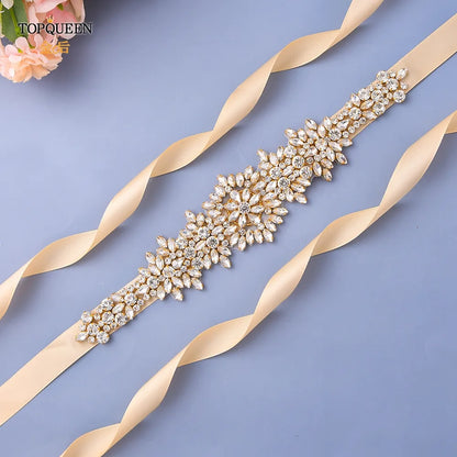 TOPQUEEN S319-G Plus Size Bridal Gowns Belts Golden Belts for Women Rhinestones Belt Girlfriend Luxury Ribbon Belt Wedding Sash