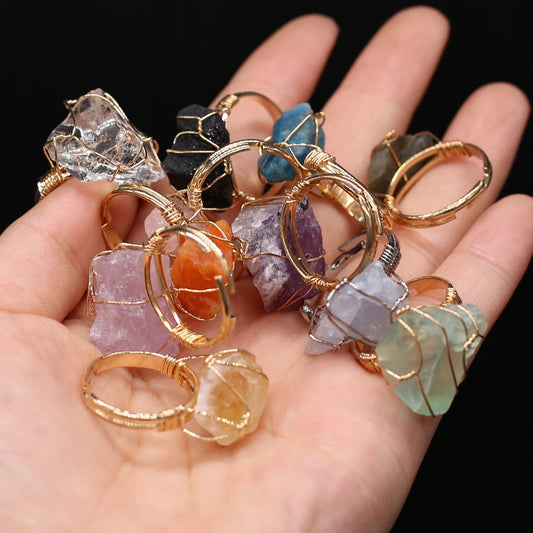 Natural Druzy Stone Open Rings Golden Winding Irregular Agates Finger Rings for Women Party Wedding Jewelry Wholesale 15-22mm