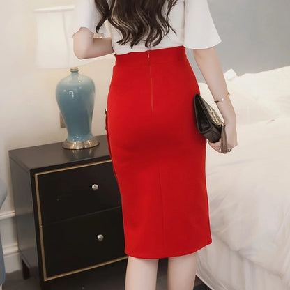 Oversized 2023 Fashion Women Work Midi Skirt OL Sexy Open Slit Button Slim Pencil Skirt Elegant Office Ladies Skirts Red Black