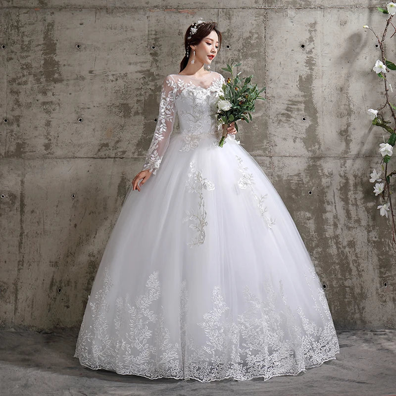 New Summer Korean Light wedding dress Vestidos De Novia off white bride O-neck dream princess simple Long Sleeve Lace appliques