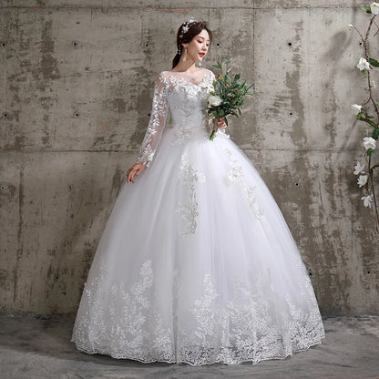 New Summer Korean Light wedding dress Vestidos De Novia off white bride O-neck dream princess simple Long Sleeve Lace appliques