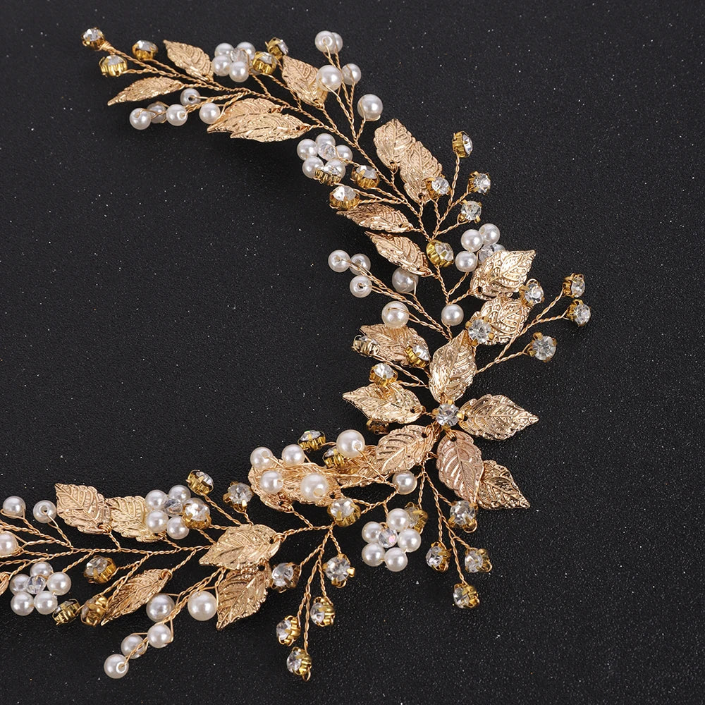 Gold Leaves Crystal Pearls Bride Headband Rhinestone Hair Ornaments Women Headpieces Flower Decor Wedding Hair Accessories