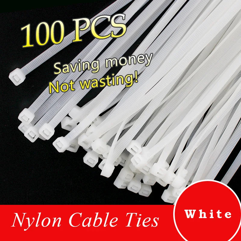 100pcs/bag cable tie Self-locking plastic nylon tie White Organiser Fasten Cable Wire Cable Zip Ties