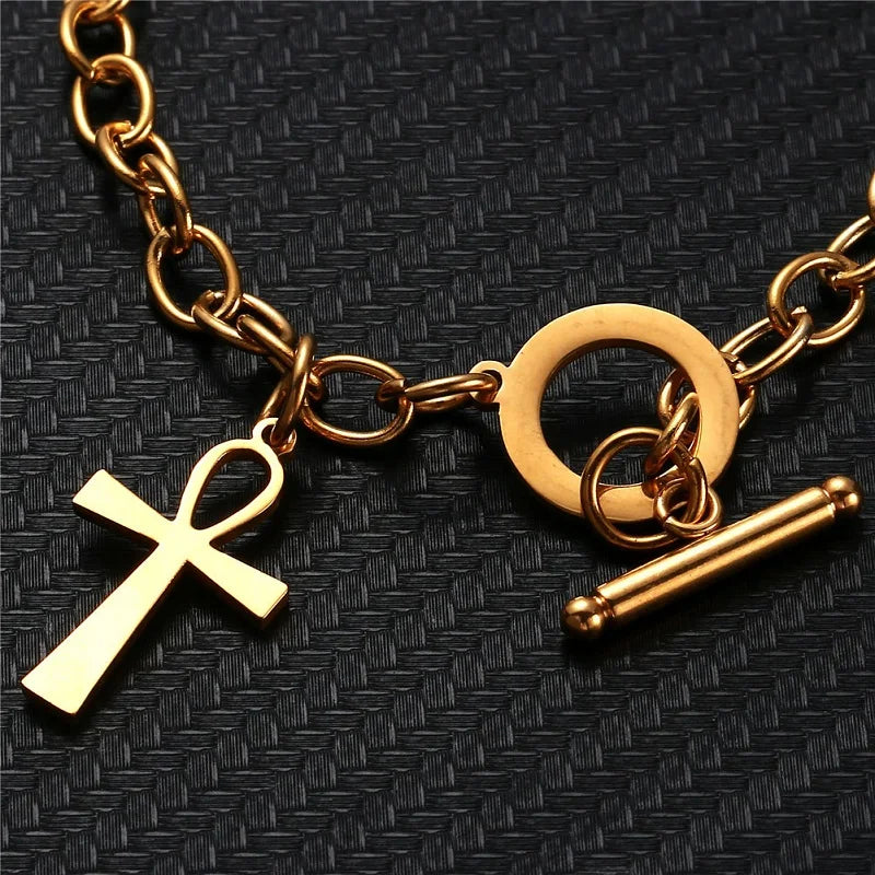 Stainless Steel Chain Ankh Charm Bracelet For Women Men Cross OT Buckle Toggle Bracelet Egyptian Jewelry