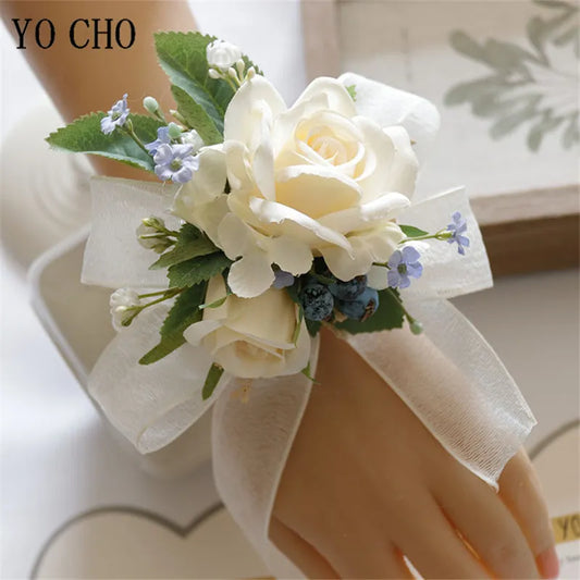 Ivory Wrist Corsage Bridesmaid Sisters Handmade Flower Artificial Silk Rose Bracelet Flowers For Wedding Dancing Party Decor