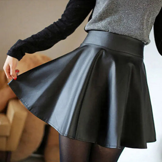 Summer Faux PU Leather High Waist Mini Skirts Women Vintage Elastic Skater Flared Pleated Stretch Mini Skirt