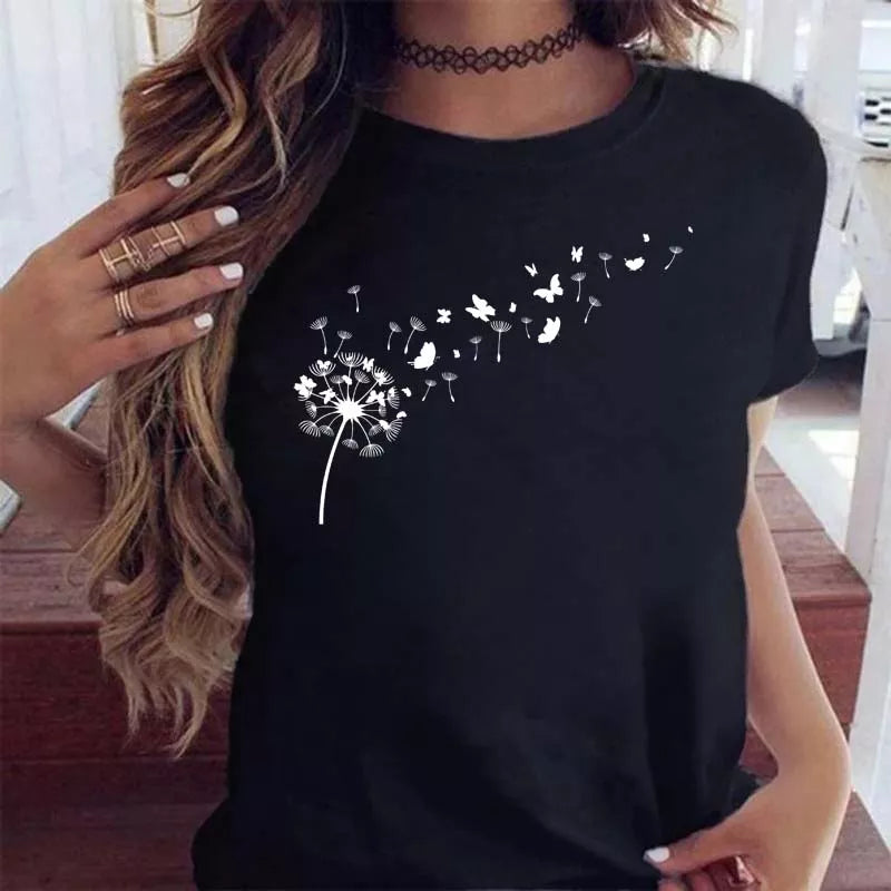 Maycaur Women Graphic Cartoon Dandelion Print T Shirt Short Sleeve Ladies Print Clothes Lady Tees Tops Female Womens T Shirt