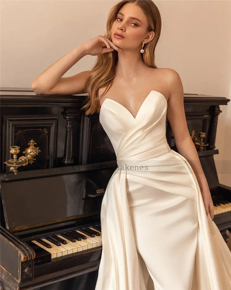 Elegant Ivory Detachable Train Wedding Dresses Mermaid Satin Church Bride Dress 2022 Women Wedding Gowns Vestido de Noiva Sereia