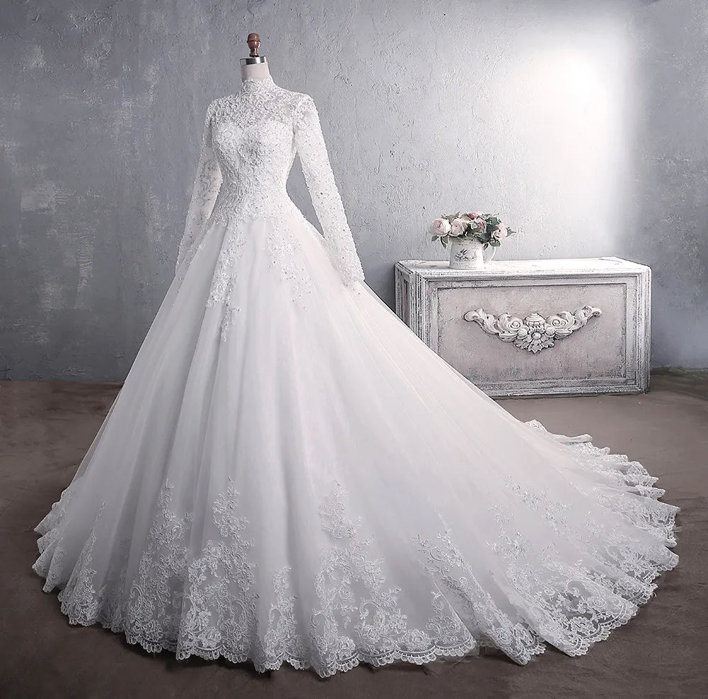 Muslim Wedding Dress 2022 Elegant High Neck With Train Princess Bride Dress Luxury Lace Embroidery Wedding Gown Vestido De Noiva