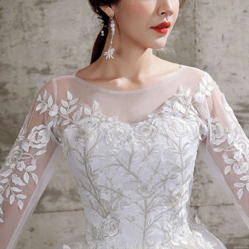 New Summer Korean Light wedding dress Vestidos De Novia off white bride O-neck dream princess simple Long Sleeve Lace appliques