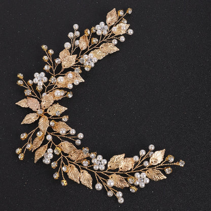 Gold Leaves Crystal Pearls Bride Headband Rhinestone Hair Ornaments Women Headpieces Flower Decor Wedding Hair Accessories