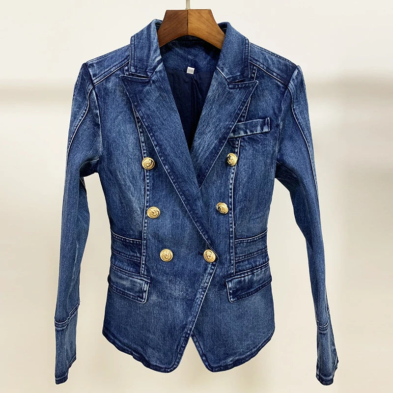 HIGH STREET New Fashion 2024 Designer Blazer Jacket Women's Metal Lion Buttons Double Breasted Denim Blazer Outer Coat