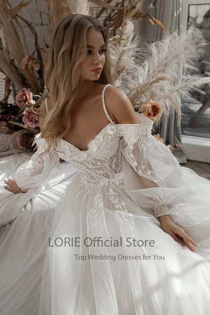 LORIE Glitter Wedding Dresses Puff Sleeve Appliques Lace 3D Flowers off Shoulder Tulle Boho Bride Gown 2021 vestidos de novia