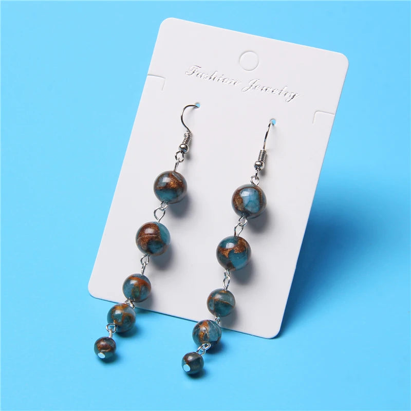 Natural Stone Long Earrings for Women Cat Eye Stone Drop Earrings Round Beads Dangler Pendent Ball Earring Female Jewelry Gifts